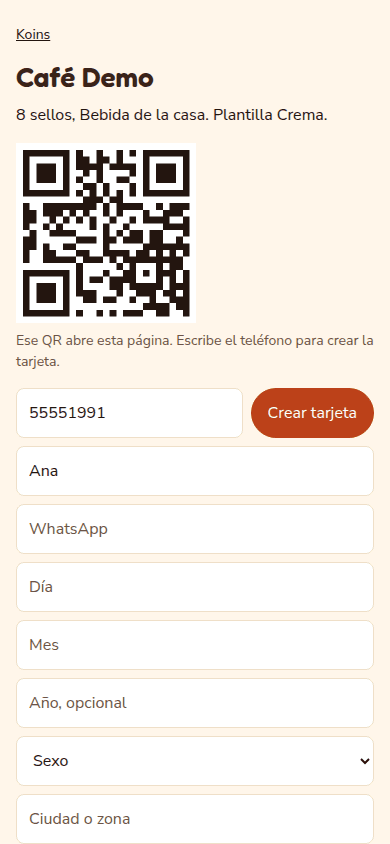 Tarjeta de Café Demo en el celular